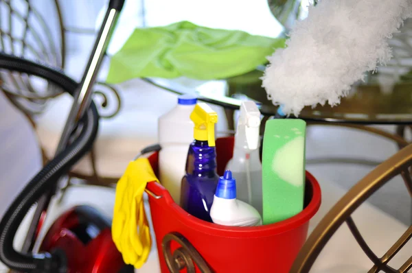 Cleaning service, bucket with cleaning supplies — Stock Photo, Image