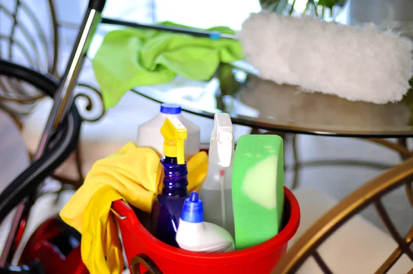 Cleaning service, bucket with cleaning supplies — Stock Photo, Image