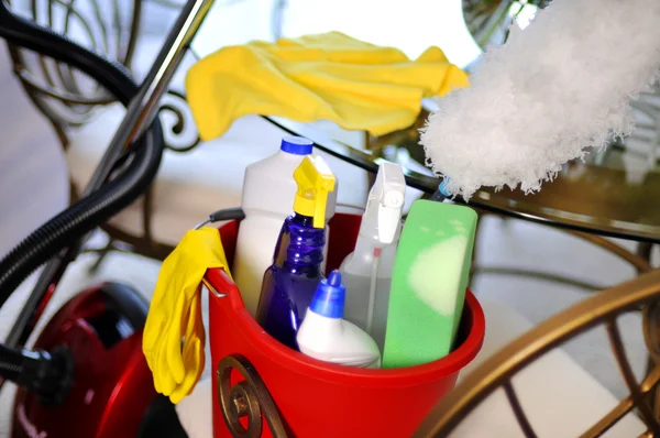 Cleaning service, bucket with cleaning supplies — Stock Photo, Image