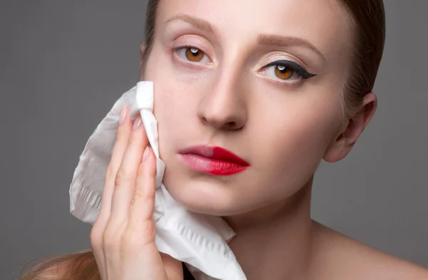 Skin care close up of a woman face removing make up — Stock Photo, Image