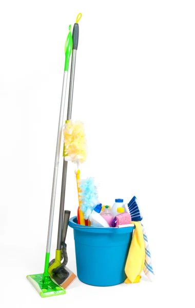 Forniture per la pulizia in secchio blu — Foto Stock