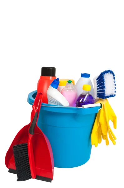 Cleaning supplies in blue bucket — Stock Photo, Image