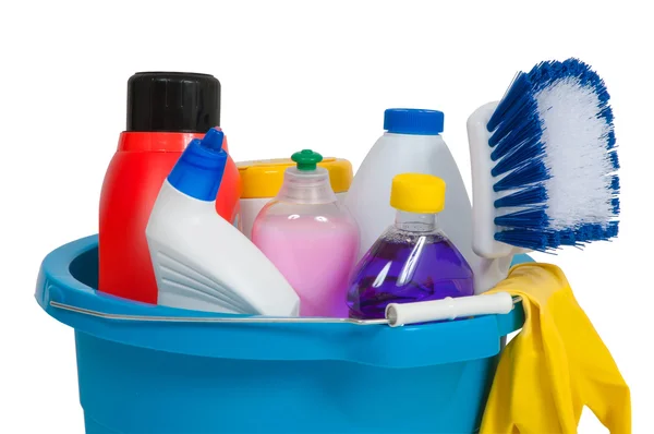 Cleaning supplies in blue bucket — Stock Photo, Image