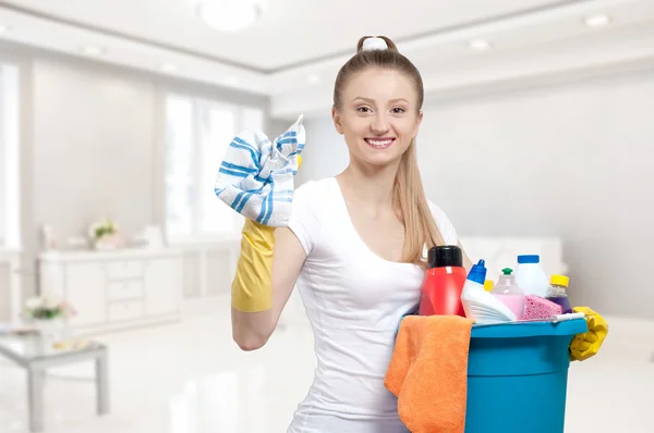 Cleaning service, woman with detergent — Stock Photo, Image