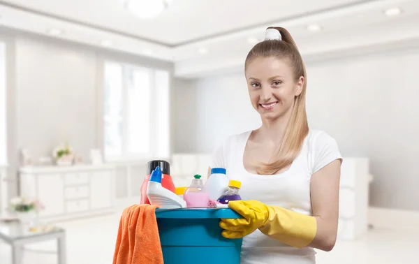 Cleaning service, woman with detergent — Stock Photo, Image