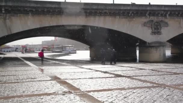 Lonely women with pink umbrella walks on wharf  of river Seine under the bridge. — Stock Video