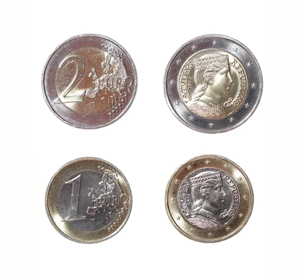 Uno y dos 1 euro 2 moneda dinero anverso república letona —  Fotos de Stock
