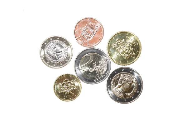 Awers pieniądze dwie monety jeden euro odwrócić Republiki Łotewskiej Nowość — Zdjęcie stockowe