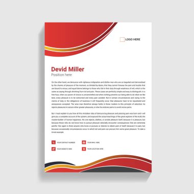 Bir logo ve iletişim detayları için yer tutucuların yer aldığı modern kırmızı ve altın dalga tasarımlarıyla profesyonel bir iş antetli şablon.