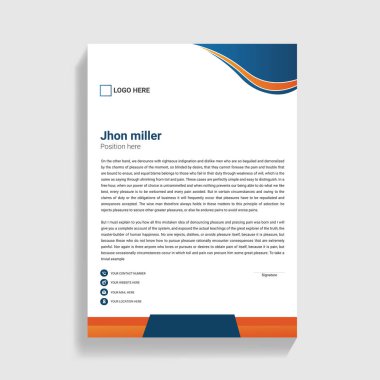 Üst ve alt kısımlarında mavi ve turuncu renkli logo isimleri ve iletişim bilgilerini içeren modern bir tasarım içeren profesyonel bir iş antetli şablon.