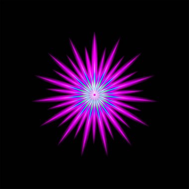 Çoklu keskin, sivri ışınlar ile karmaşık bir yıldız patlaması etkisi siyah bir arkaplandaki merkezi bir noktadan yayılır. Yıldız patlaması parlak renkler gösterir, özellikle pembe, merkeze doğru mavi ve yeşil ipuçları verir, göz kamaştırıcı ve enerjik