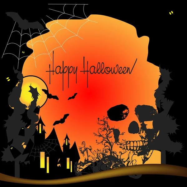 Vektorový pozadí happy Halloween strašidelný dům a netopýry a duchy a kostra a úplněk — Stockový vektor