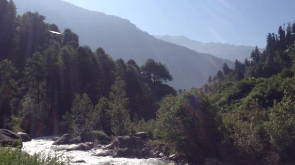 Caminante Caminante Dejando de Mirar, Éxito, Vida. Senderismo activo Mujer joven de cuerpo entero al aire libre Montañas Río durante la caminata. Viajar Manali, Mucho — Vídeo de stock