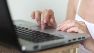 Kadın eller, dizüstü bilgisayar ofis, kaydırma metin yazarak ana sayfa içine, yakın çekim, arka plan bulanık