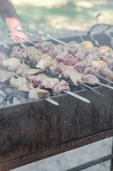 Homem cozinhando shashlik marinado ou shish kebab, carne de chiken grelhando em espeto de metal, de perto. Foco seletivo — Fotografia de Stock