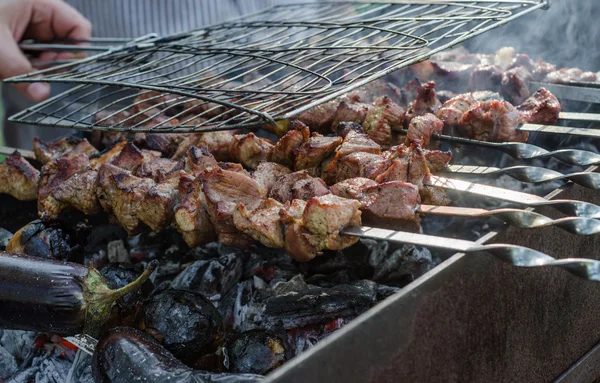 Man matlagning marinerade shashlik eller shish kebab, chiken kött grillning på metall spett, på nära håll. Selektiv inriktning — Stockfoto