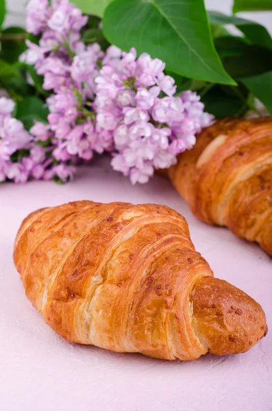 Closeup croissants with lilac flowers on pink slate background. Selective focus — Stock Photo, Image