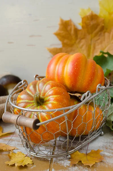 Calabazas de otoño con hojas sobre fondo de madera. Decoraciones de otoño —  Fotos de Stock