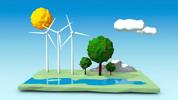 Illustration of tree wind turbines on a green square shaped island with trees, mountains and a river — Stock Photo, Image