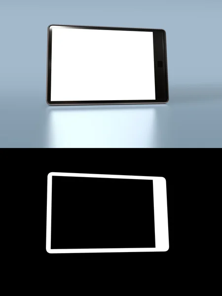 Tablet ordenador personal de pie en la superficie reflectante con una pantalla en blanco — Foto de Stock