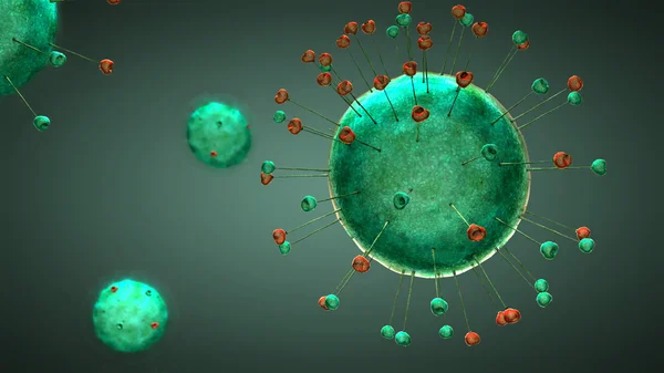 3D illustration av fyra gröna färgade virus celler med gröna och röda tentakler — Stockfoto