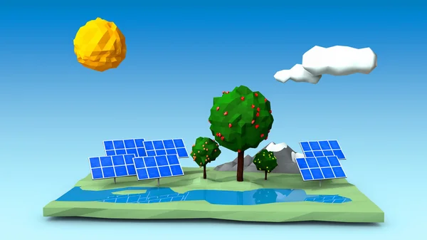 Illustration von Sonnenkollektoren auf einer grünen quadratischen Insel mit Bäumen, Bergen und einem Fluss — Stockfoto