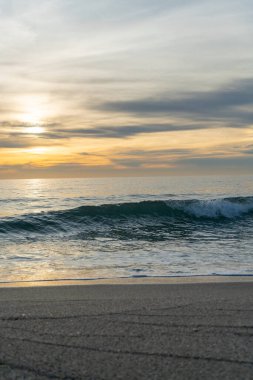 Kumlu bir sahilde dalgalar kırılıyor. Sprey, beyaz su ve çimenler ön planda.
