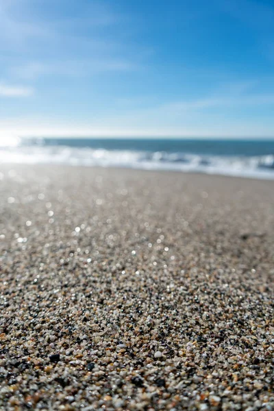 Κοντινό Πλάνο Των Κόκκων Άμμου Μια Παραλία Θολή Ακτογραμμή Και — Φωτογραφία Αρχείου