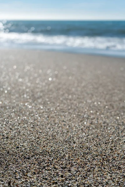 Close Sand Grains Beach Blurred Coastline Horizon Background — Stock Photo, Image