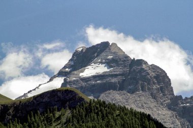 Yazın hafif bulutlu bir günde, Grisons 'daki İsviçre Alpleri' ndeki yüksek dağların manzarası