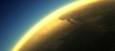 Dünya yüzeyinin turuncu parlayan ve yoğun atmosferli bir bölümü küresel ısınmayı - 3 boyutlu illüstrasyon