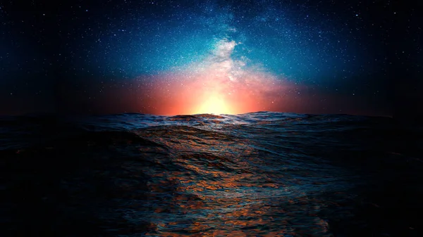 Pohled Horizont Mezi Neklidnou Vodní Hladinou Hvězdnou Noční Oblohou Při — Stock fotografie