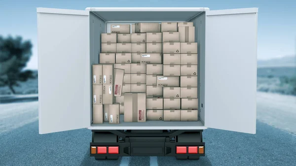 Cientos Cajas Cartón Apiladas Parte Trasera Una Furgoneta Transportadora Ilustración — Foto de Stock