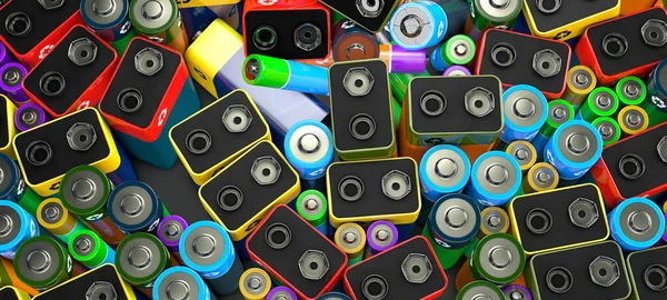 Centenas Baterias Usadas Diferentes Tipos Ilustração — Fotografia de Stock