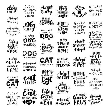 Evcil hayvan evlat edinme ifadesi, siyah beyaz poster. Evcil hayvanların evlat edinilmesi hakkında ilham verici alıntılar. Poster, kedi ve köpek evlat edinme mektupları için el yazısıyla yazılmış cümleler. Evcil bir hayvan evlat edin..
