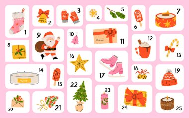 Christmas advent calendar. Cartoon december countdown with gifts and sweets. Flat vector illustration for Christmas cards, posters, wrapping paper, and seasonal design projects.