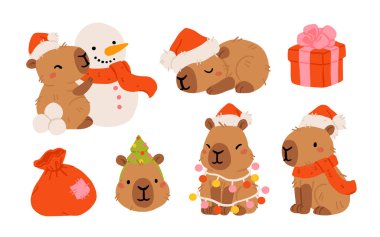 Yeni yıl çelengi, hediye, sıcak suda banyo ve Noel şapkası ile birlikte tatlı kapibaraların koleksiyonu. Vektör çizimi. İzole edilmiş kawaii hayvan karakteri