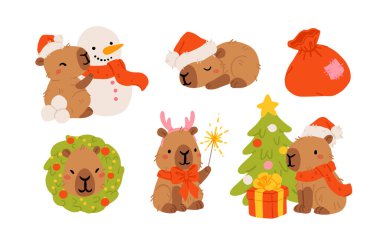Yeni yıl çelengi, hediye, sıcak suda banyo ve Noel şapkası ile birlikte tatlı kapibaraların koleksiyonu. Vektör çizimi. İzole edilmiş kawaii hayvan karakteri