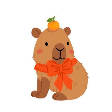 Yeni yıl çelengi, hediye, sıcak suda banyo ve Noel şapkası ile birlikte tatlı kapibaraların koleksiyonu. Vektör çizimi. İzole edilmiş kawaii hayvan karakteri