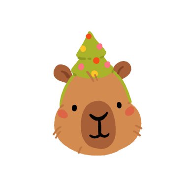 Yeni yıl çelengi, hediye, sıcak suda banyo ve Noel şapkası ile birlikte tatlı kapibaraların koleksiyonu. Vektör çizimi. İzole edilmiş kawaii hayvan karakteri