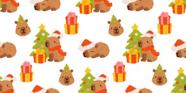Sevimli çizgi film kapibaralarıyla kusursuz bir Noel deseni. El çizimi vektör çizimi. Komik hayvan geçmişi. Saf çocuksu tasarım. Havalı mizah karakteri, çocuk posteri, kart, sosyal medya afişi.
