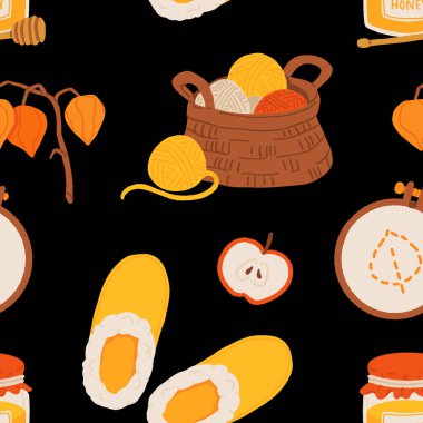 Güz kızarıklığı elementleriyle kusursuz bir sonbahar deseni. Balkabağı süveteri, çay, mum, pasta, çorap, kitap, bal, meşe palamudu, yaprak ve çaydanlık. Düz vektör çizgi filminde sıcak düşüş titreşimleri