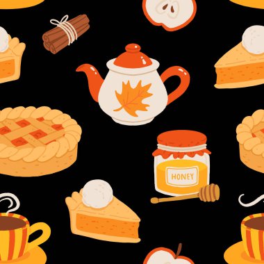 Balkabağı turtası, vişneli turta, çaydanlık, çay, bal kavanozu, tarçın çubukları ve elma dilimi ile kusursuz sonbahar şablonu. Sıcak düşme yemekleri ve vektör çizimleri, düz çizgi film tarzı..