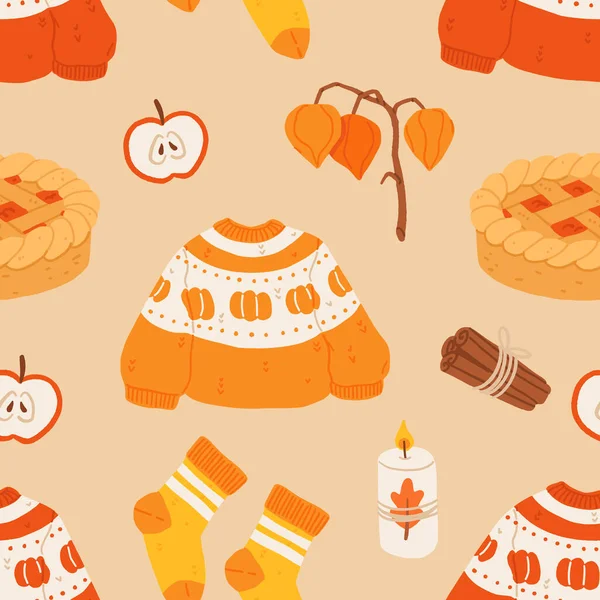 Sıcak sonbahar kızarıklığı dikişsiz desen, balkabağı turtası, süveter, çaydanlık, mum, tarçın, elma, iplik, bal ve balkabağı, şirin ev dekorasyonu ve sonbahar dekorasyonu ile sıcak sonbahar vektör çizimi