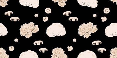 Kusursuz mantar deseni, yenilebilir, vahşi ve tıbbi mantarlar içeren düz vektör çizimi morel, porcini, truffle, reishi, istiridye, shiitake, puffball ve chanterelle