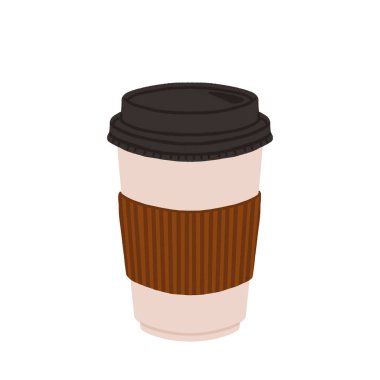 Kağıttan kahve fincanları. Kapaklı ve kollu kağıt bardaklara koymak için sıcak içecekler, Zarf. Kahveyi ve çayı yanında götür. Düz vektör çizimi beyaz arkaplanda izole edildi