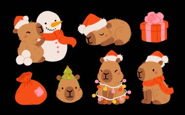 Şirin bir Noel kapibarası seti. Noel Baba Capybara, kardan adam, hediyeler, ağaç, çelenk ve sıcak kakao ile eğlenceli bir tatil vektör çizimi. tapılası kawaii hayvan koleksiyonu baskı ve tasarım için