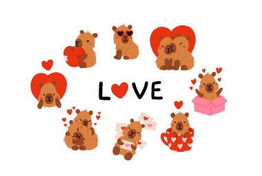 Sevimli sevgililer günü capybara klip seti kalp balonları, romantik mektuplar hediye kutusunda kapibareler, kawaii kalpleri olan hayvanlar, aşk mesajları ve hediyeler, kartlar için karakterler, çıkartmalar ve baskılar.
