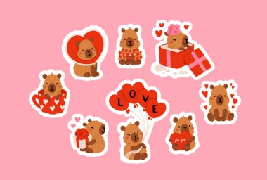 Sevimli sevgililer günü capybara klip seti kalp balonları, romantik mektuplar hediye kutusunda kapibareler, kawaii kalpleri olan hayvanlar, aşk mesajları ve hediyeler, kartlar için karakterler, çıkartmalar ve baskılar.
