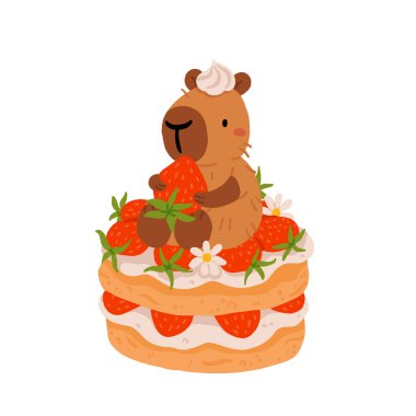 Tatlı Capybara, tatlı ve tatlı vektör seti, Kawaii uyuyan kapibaralı karakterler çilekli pasta, fırın tatlıları. Doğum günü, kafe ve çıkartmalar için samimi yemek çizimleri